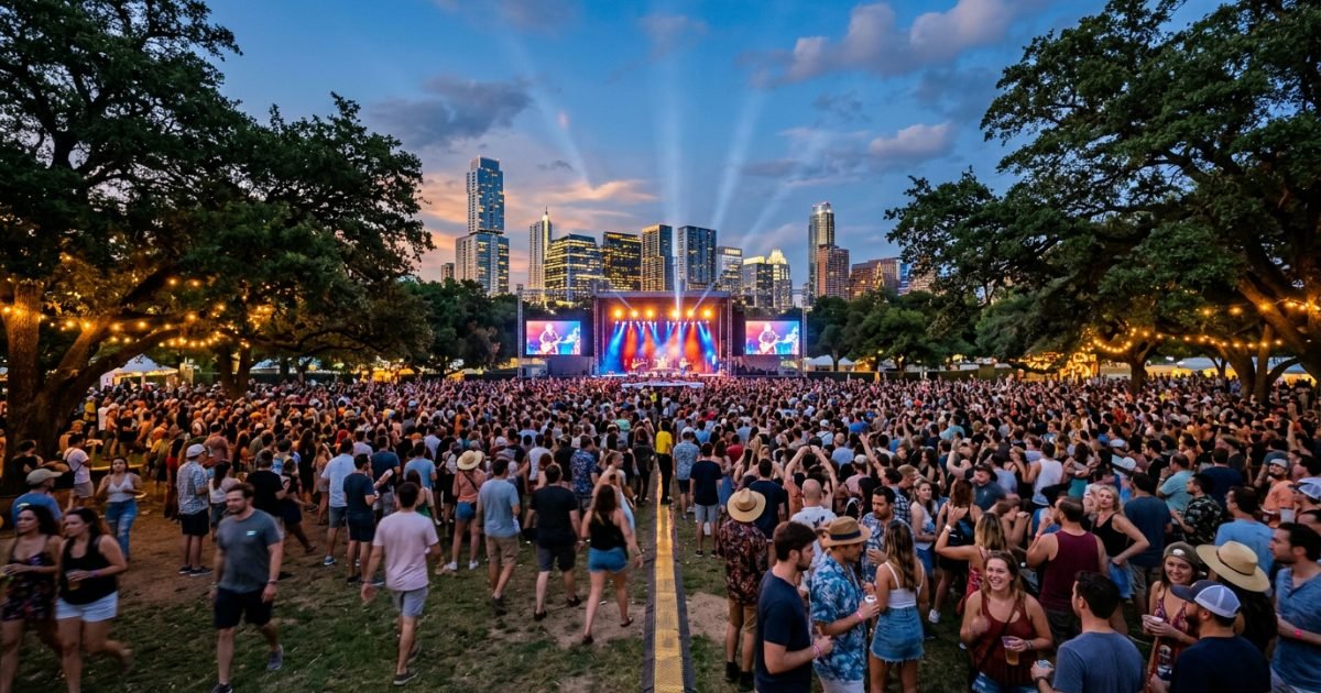 Music festival among oak trees in a Texas city park at dusk