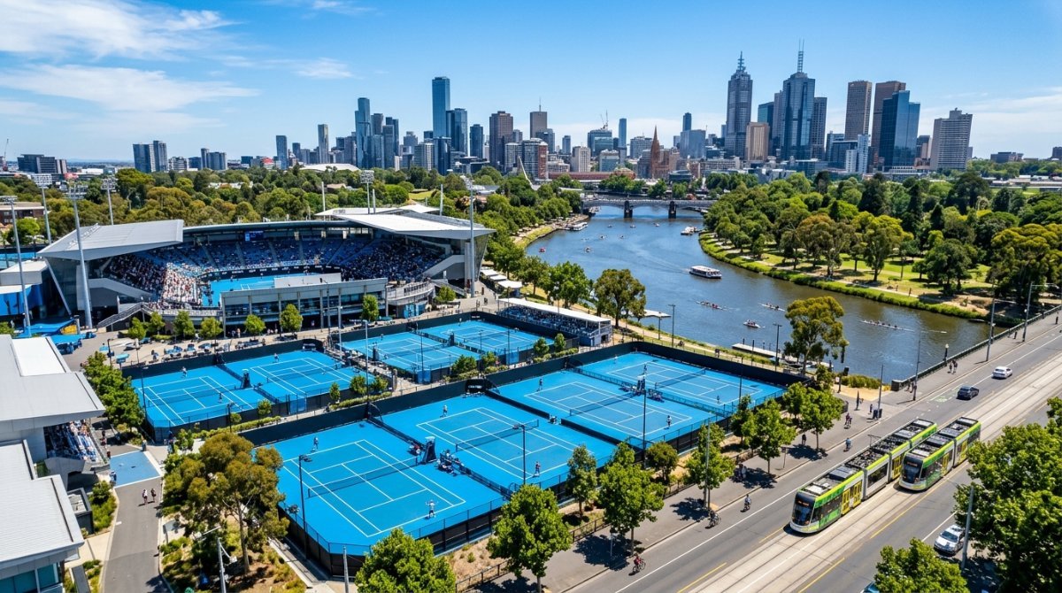 Tennis stadium complex by the river in Melbourne Park