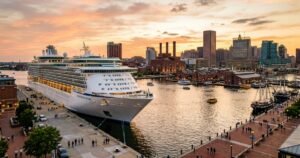 Cruise ship at Baltimore Inner Harbor at golden hour