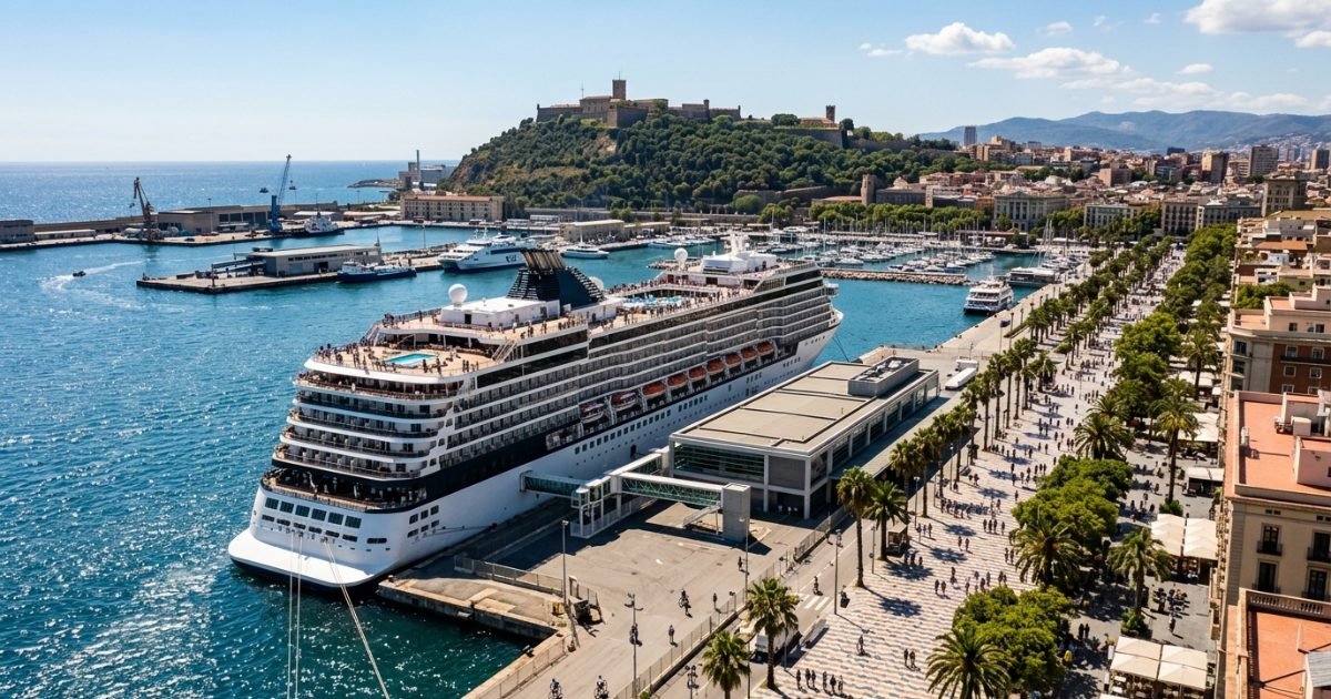 Cruise ship in Barcelona port with hilltop castle