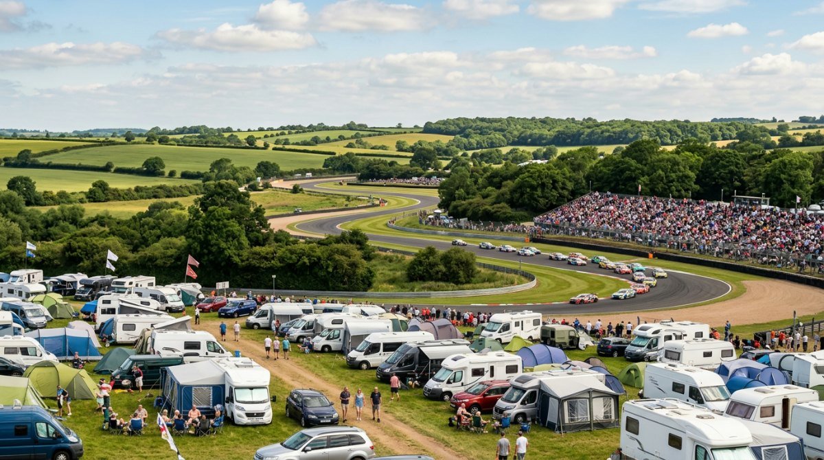 Race circuit grandstands and campsite in the English countryside on British Grand Prix weekend