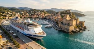 Cruise ship beside an old Italian coastal fortress