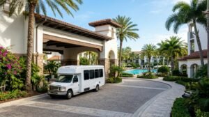 Orlando resort hotel driveway with a shuttle bus waiting