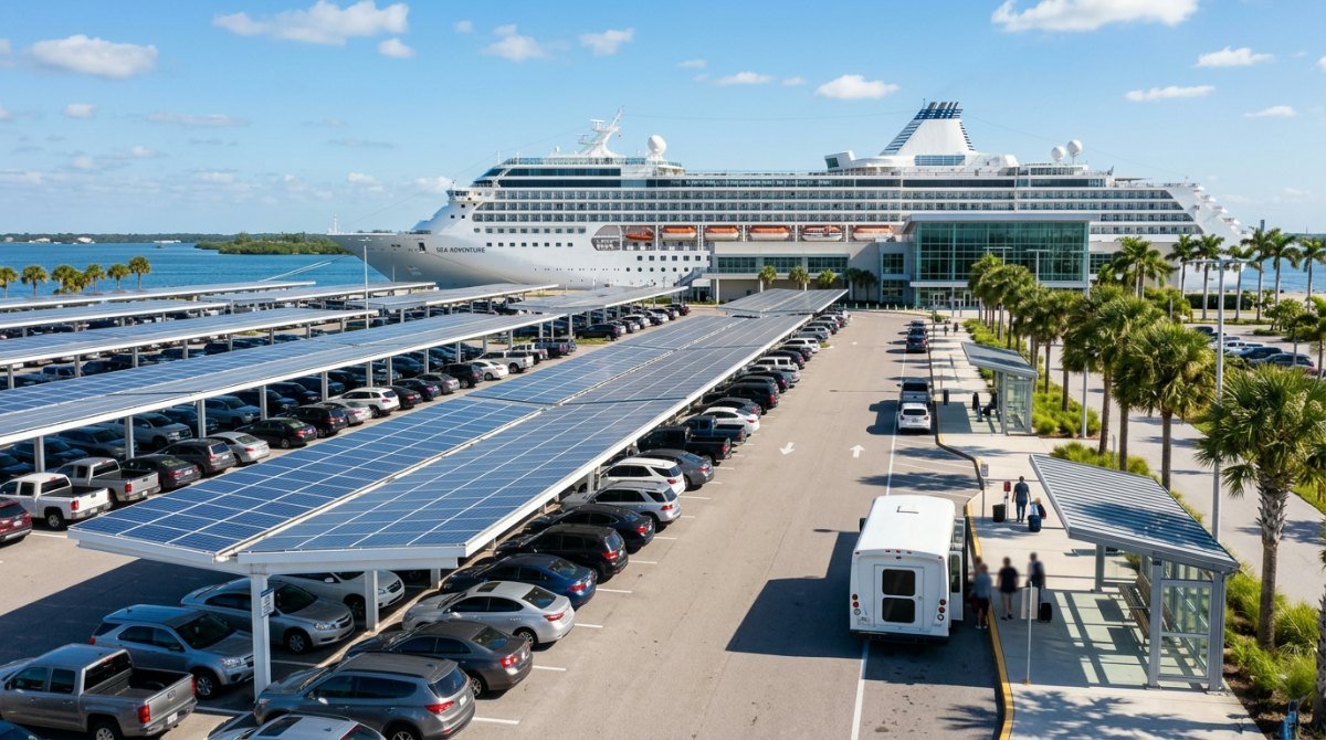 Cruise port parking lot with solar canopies and a docked cruise ship in Galveston