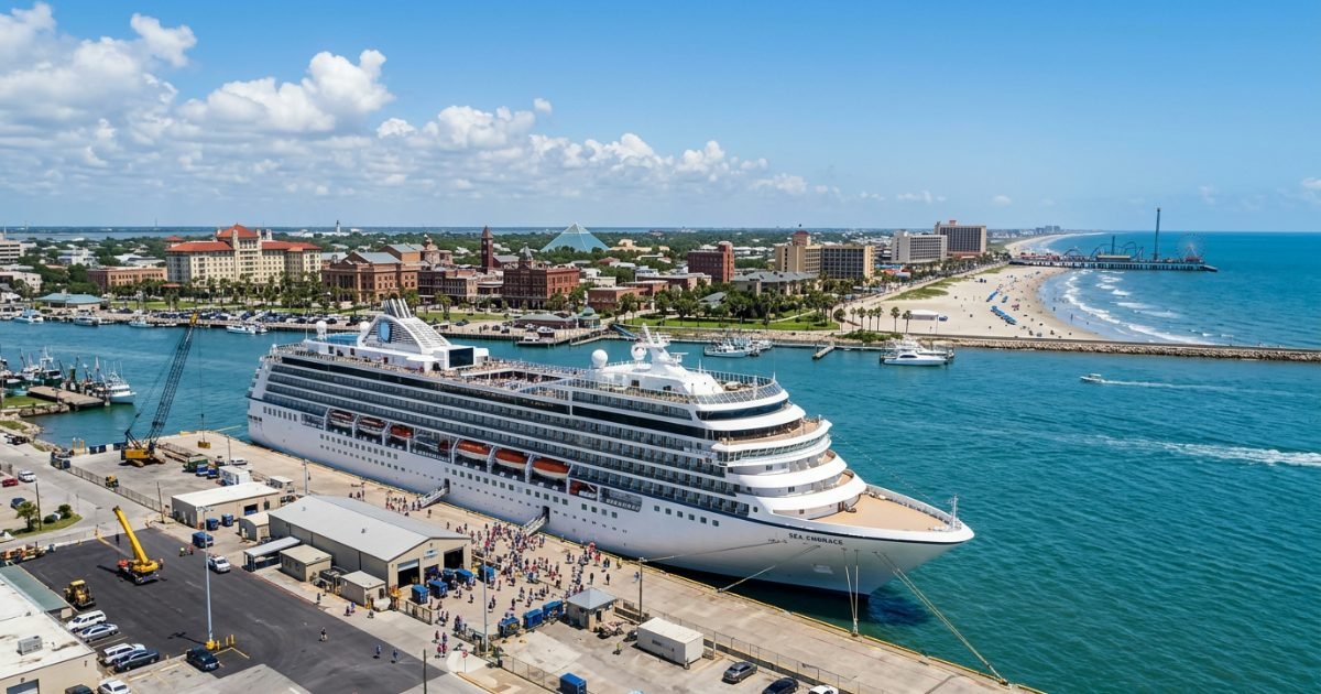 Cruise ship at a Texas Gulf coast port with island skyline
