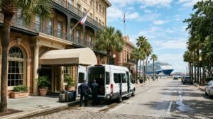 Galveston hotel entrance with a shuttle van and cruise ship in the distance