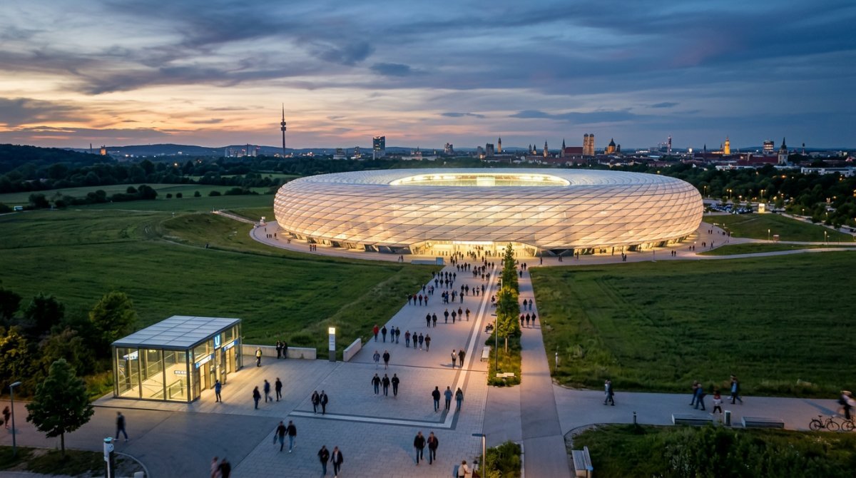 Ring-shaped arena glowing at dusk on the edge of Munich