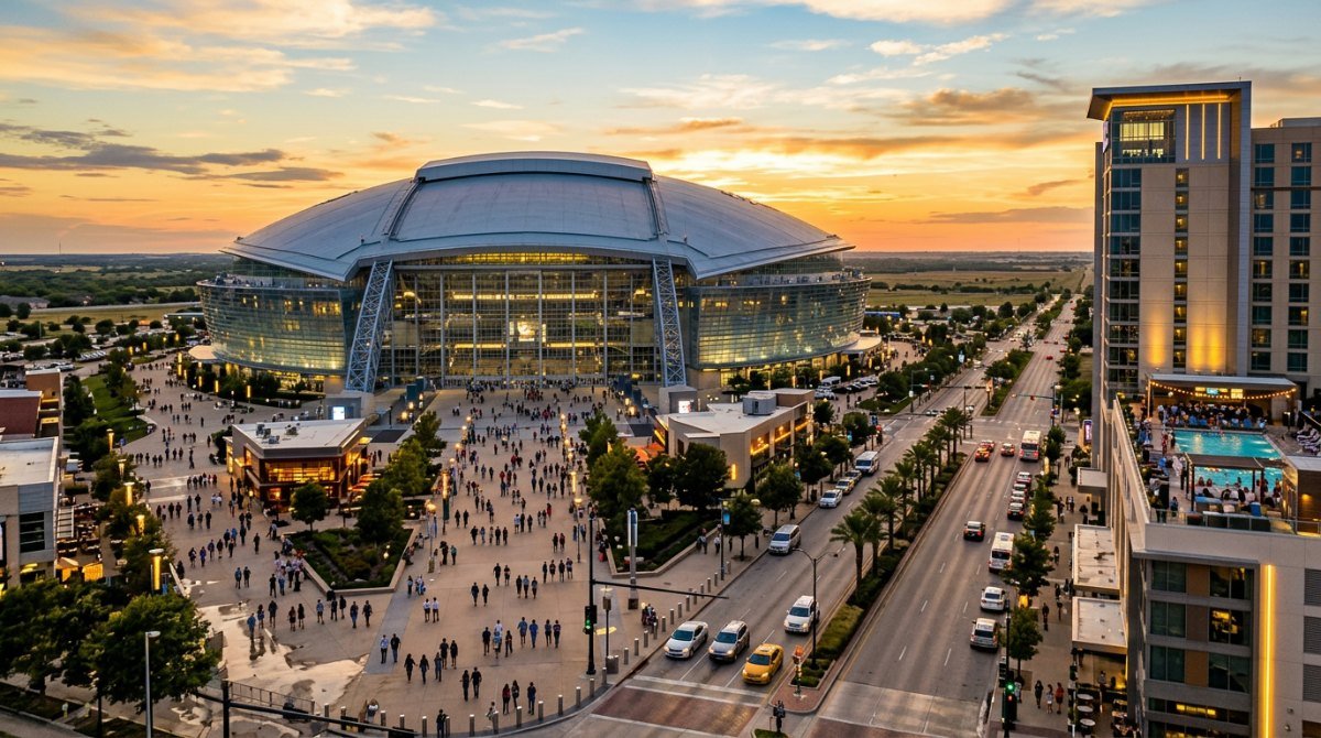 Concertgoers walking past hotels toward AT&T Stadium in Arlington, Texas at sunset