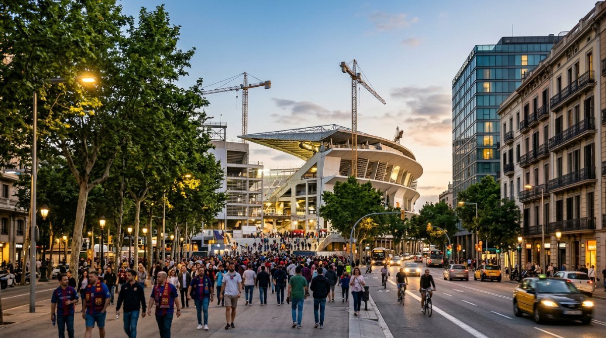 Fans walking along a tree-lined avenue toward Spotify Camp Nou in Les Corts, Barcelona