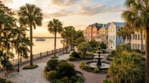 Charleston historic waterfront at sunset with a small cruise ship on the harbor