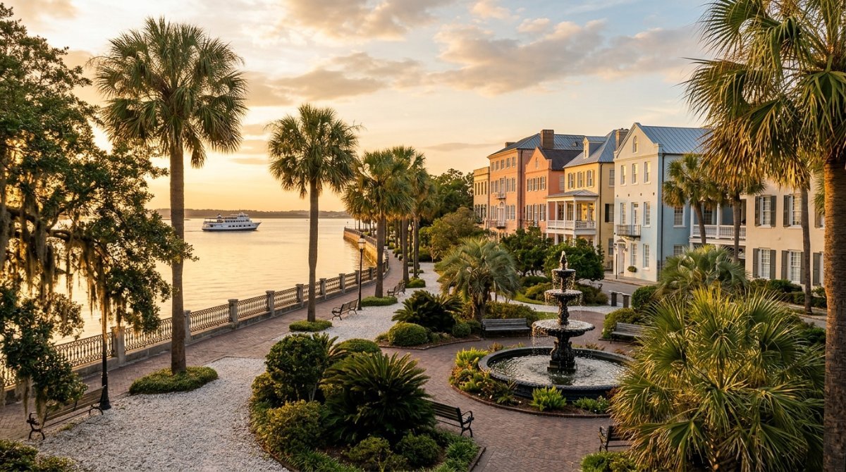 Charleston historic waterfront at sunset with a small cruise ship on the harbor