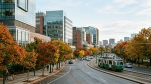 Longwood medical area in Boston in autumn with a streetcar