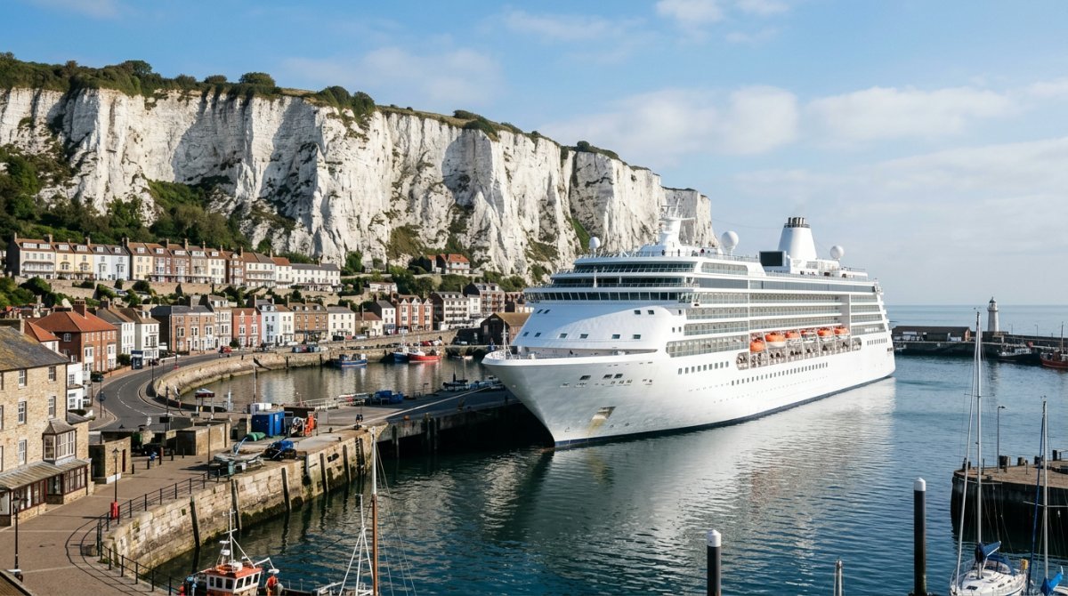 Cruise ship docked below the white cliffs at Dover cruise terminal