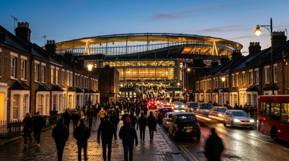 Football stadium in north London at dusk with terraced houses in front