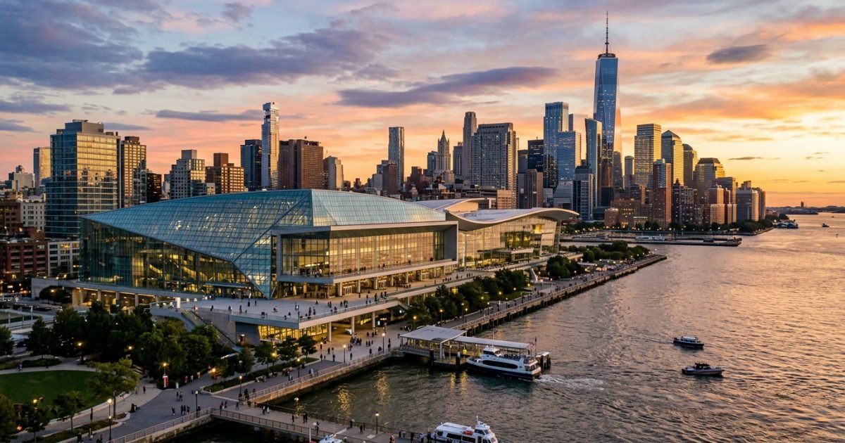 Riverfront convention center at sunset with city skyline