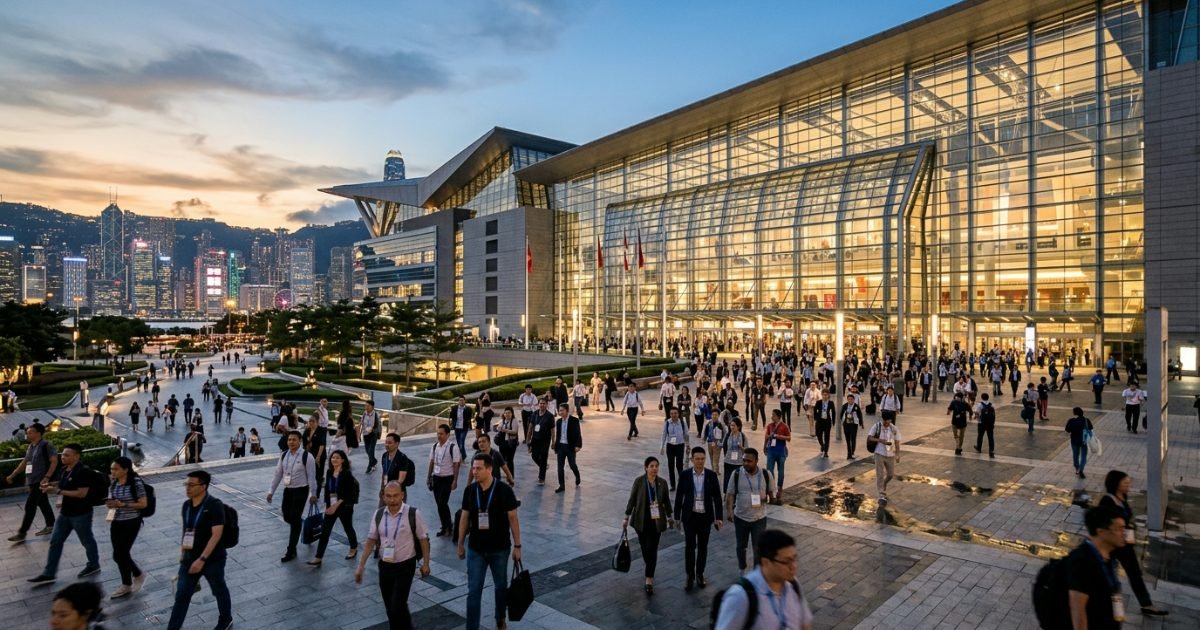 Modern convention center exterior at dusk