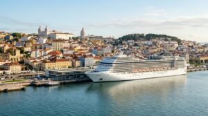 Cruise ship docked at Lisbon Cruise Terminal below the Alfama district