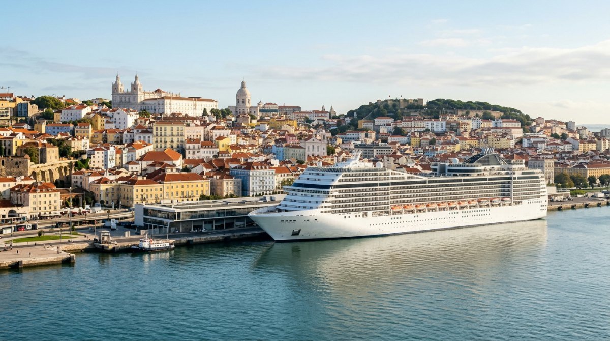 Cruise ship docked at Lisbon Cruise Terminal below the Alfama district