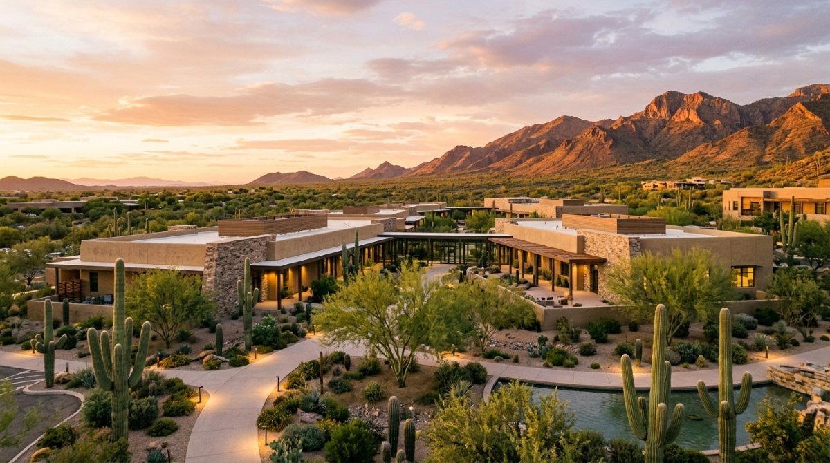 Desert medical campus with saguaro cacti and mountains near Phoenix and Scottsdale, Arizona