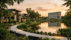 Hotel and clinic buildings beside a pond on a Florida medical campus at sunset