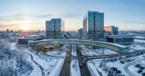 Medical campus with glass skybridge in winter