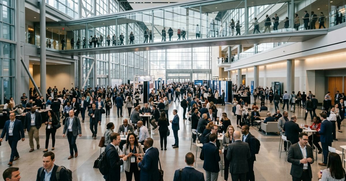 Large convention hall interior with glass skybridge