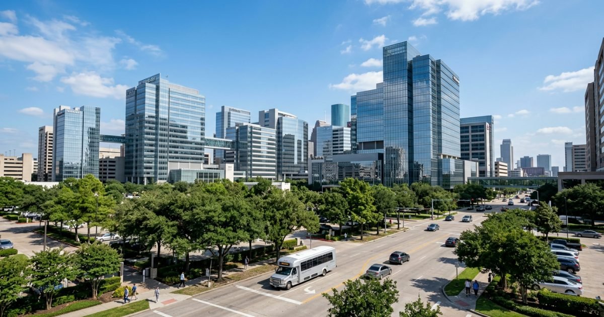 Texas medical center skyline with shuttle bus
