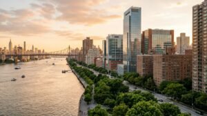Upper East Side of Manhattan along the East River at golden hour