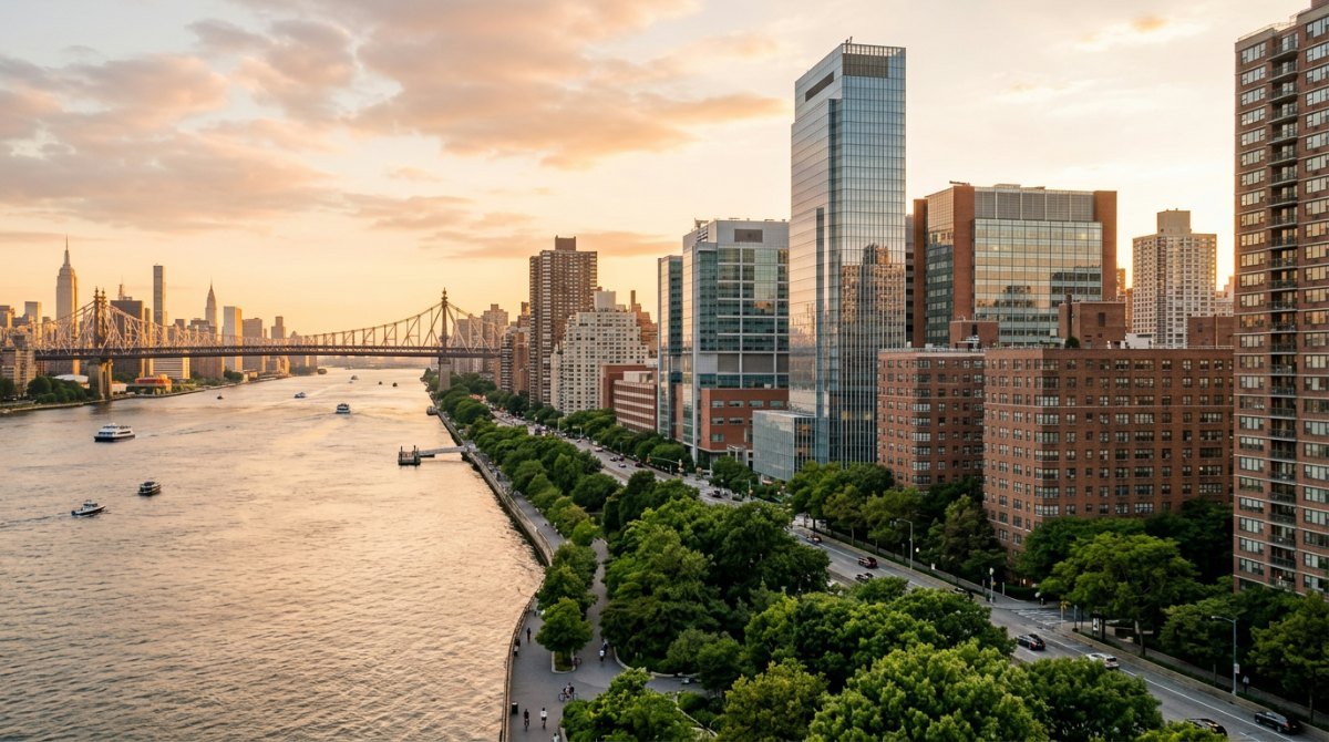 Upper East Side of Manhattan along the East River at golden hour