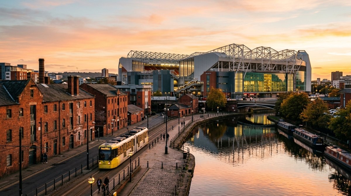 Football stadium exterior near the Salford Quays waterfront in Manchester at sunset