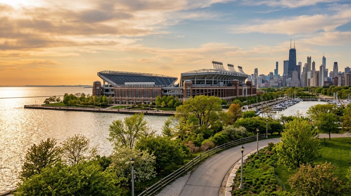 Lakefront stadium in Chicago at sunset with the downtown skyline behind it