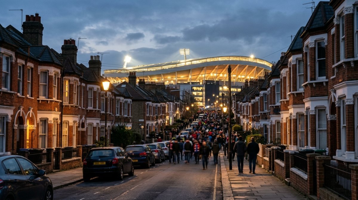 West London terraced street near Stamford Bridge at dusk