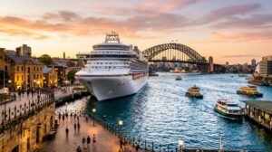 Cruise ship berthed at a Sydney harbour quay at golden hour