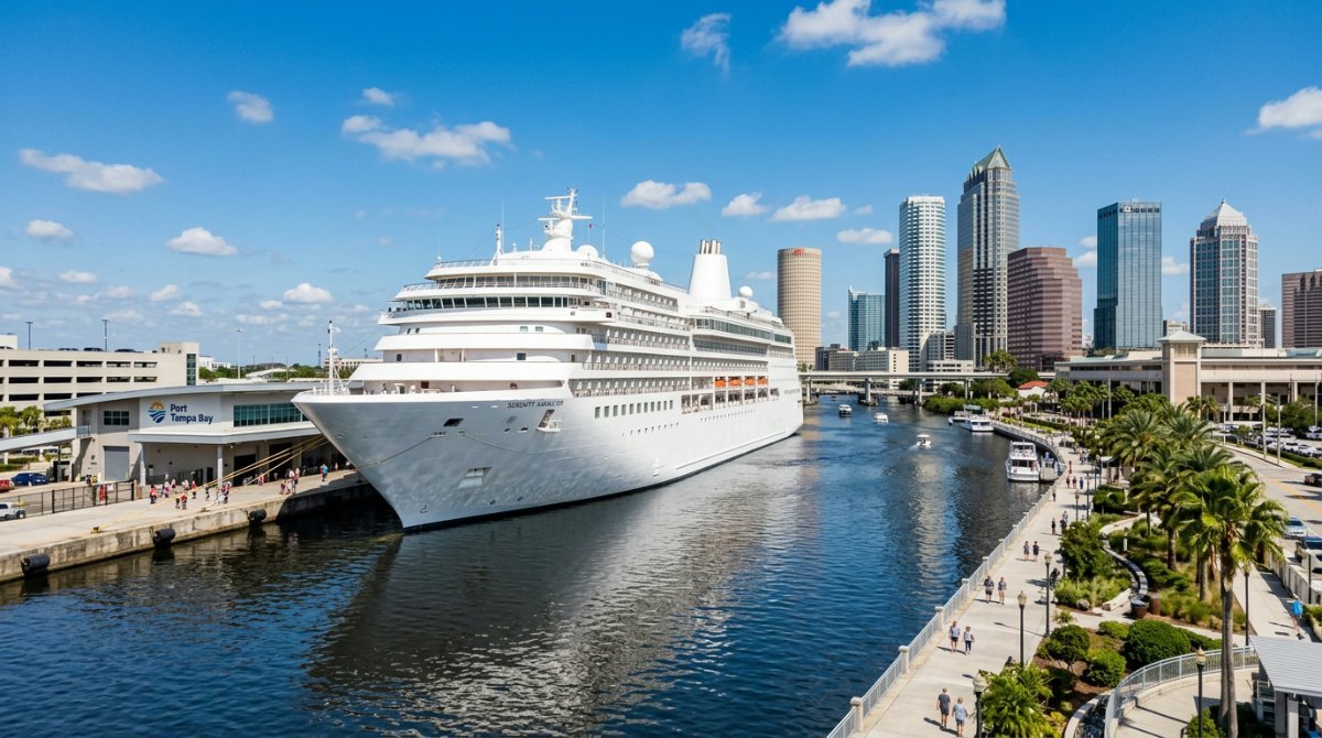 Cruise ship docked at Tampa with nearby waterfront hotels