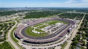 Aerial view of a large motor speedway near Indianapolis