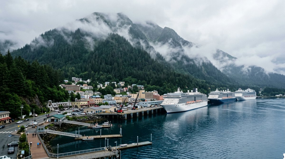 Juneau waterfront with cruise ships and forested mountains behind downtown