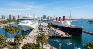 Cruise ship at a Southern California harbor with palm trees