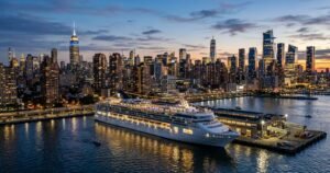 Cruise ship at a Manhattan pier at dusk