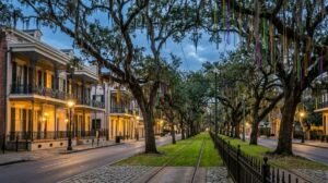 Oak-lined New Orleans avenue with Mardi Gras beads hanging from trees