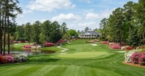Spring golf course with azaleas and pines