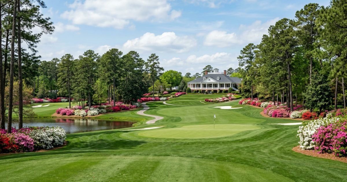 Spring golf course with azaleas and pines