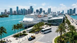 Cruise ships docked at PortMiami with the Downtown Miami skyline behind