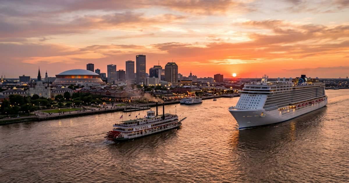 Cruise ship on the Mississippi at New Orleans at sunset