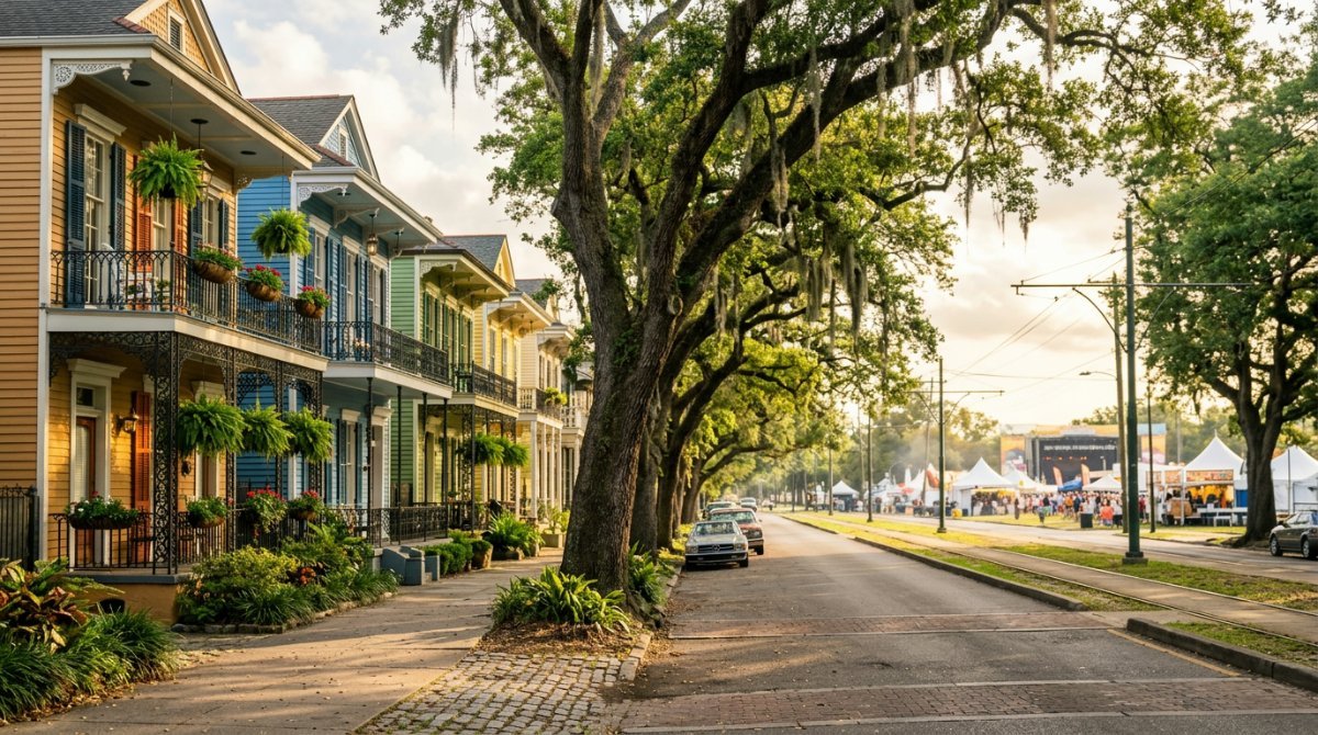 Creole cottages on a New Orleans avenue near the festival grounds