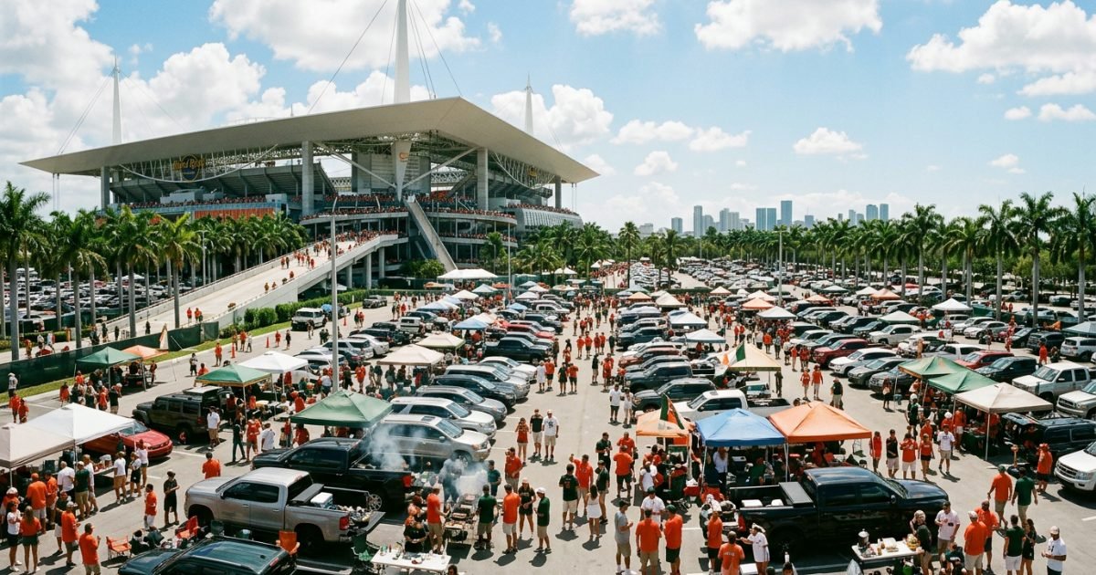 Miami football stadium in the sun with palm trees
