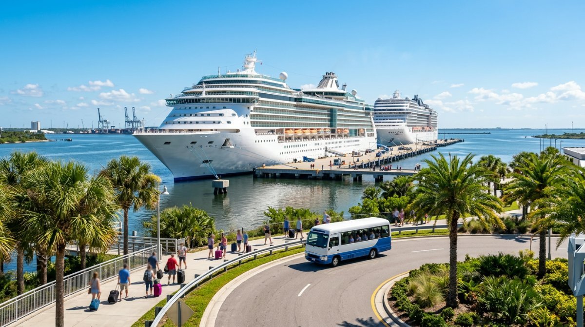 Cruise ships and shuttle bus at a Florida space coast port