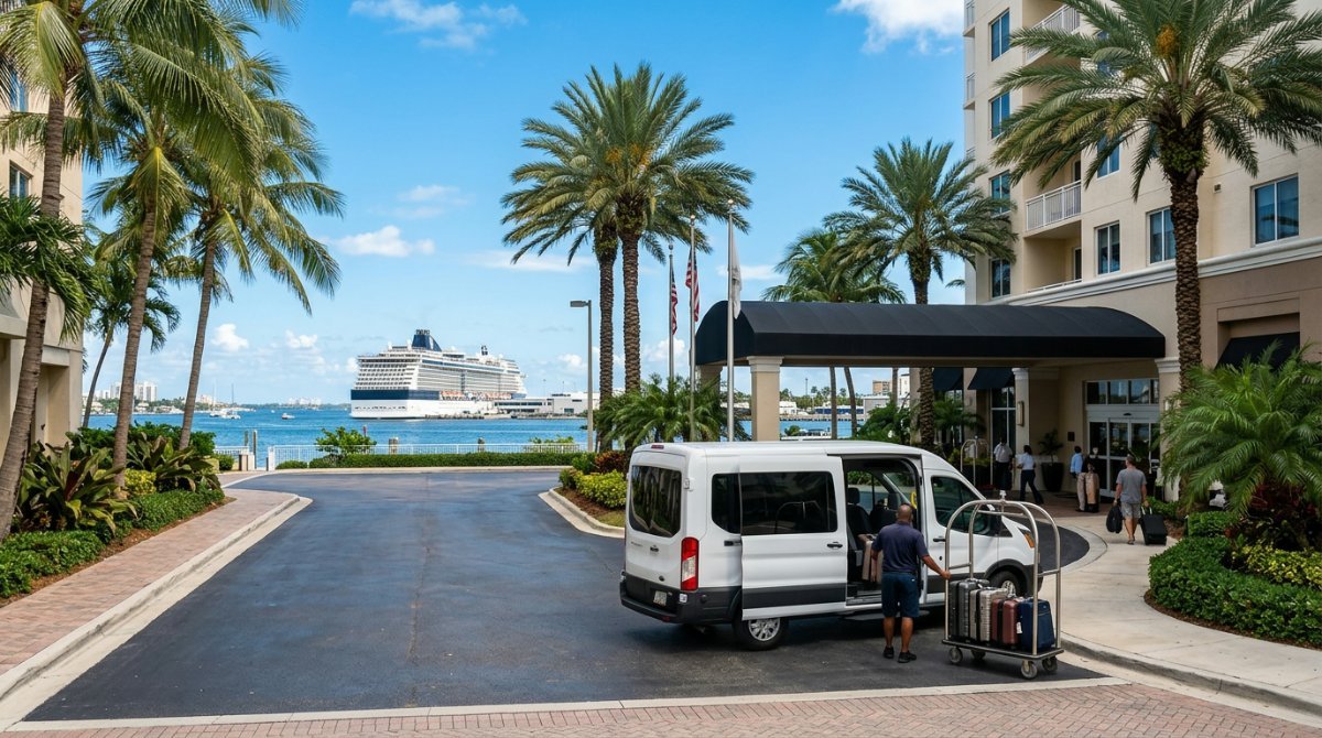 Hotel shuttle van loading luggage in Fort Lauderdale with a cruise ship in the distance