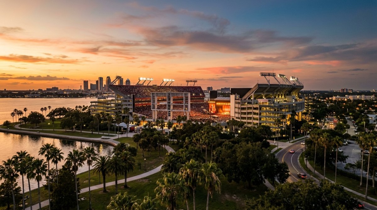 Raymond James Stadium area in Tampa at golden hour