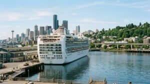 Cruise ship docked at a Seattle waterfront pier with the city skyline behind
