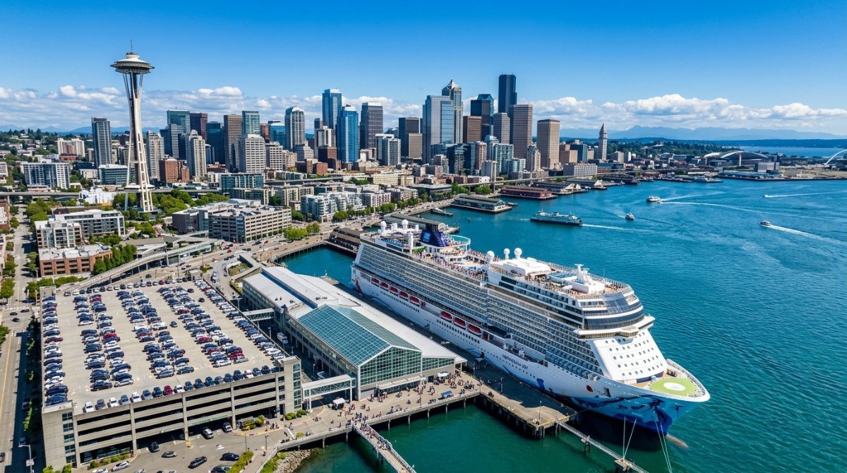 Seattle Cruise Parking 2026 – Pier 66 cruise terminal and Seattle skyline
